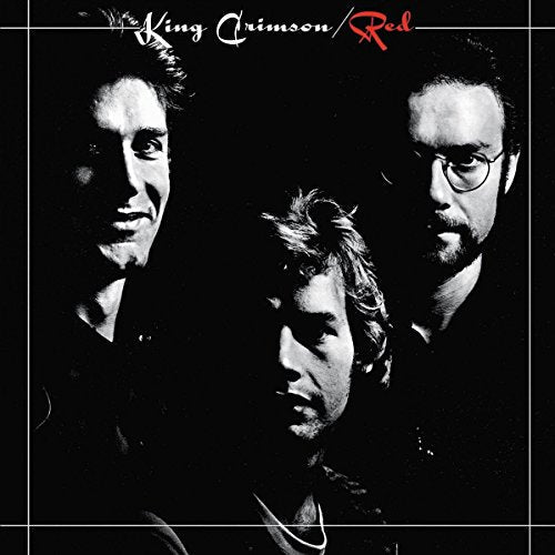 Black and white portrait of three men, album cover for King Crimson’s Red.