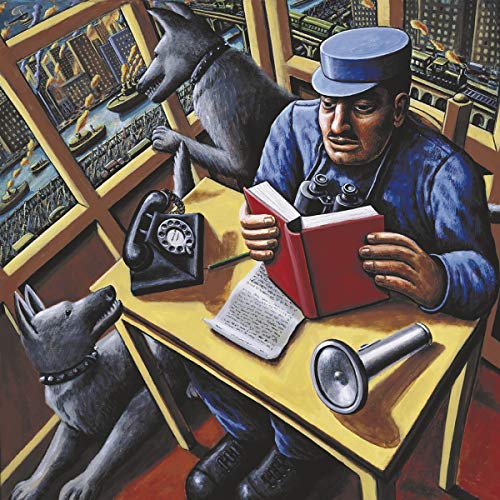 Painting of a guard, dog, and city scene with fires below.