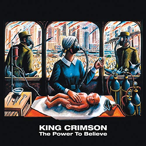 Album cover: figures in gas masks with a baby and cityscape.