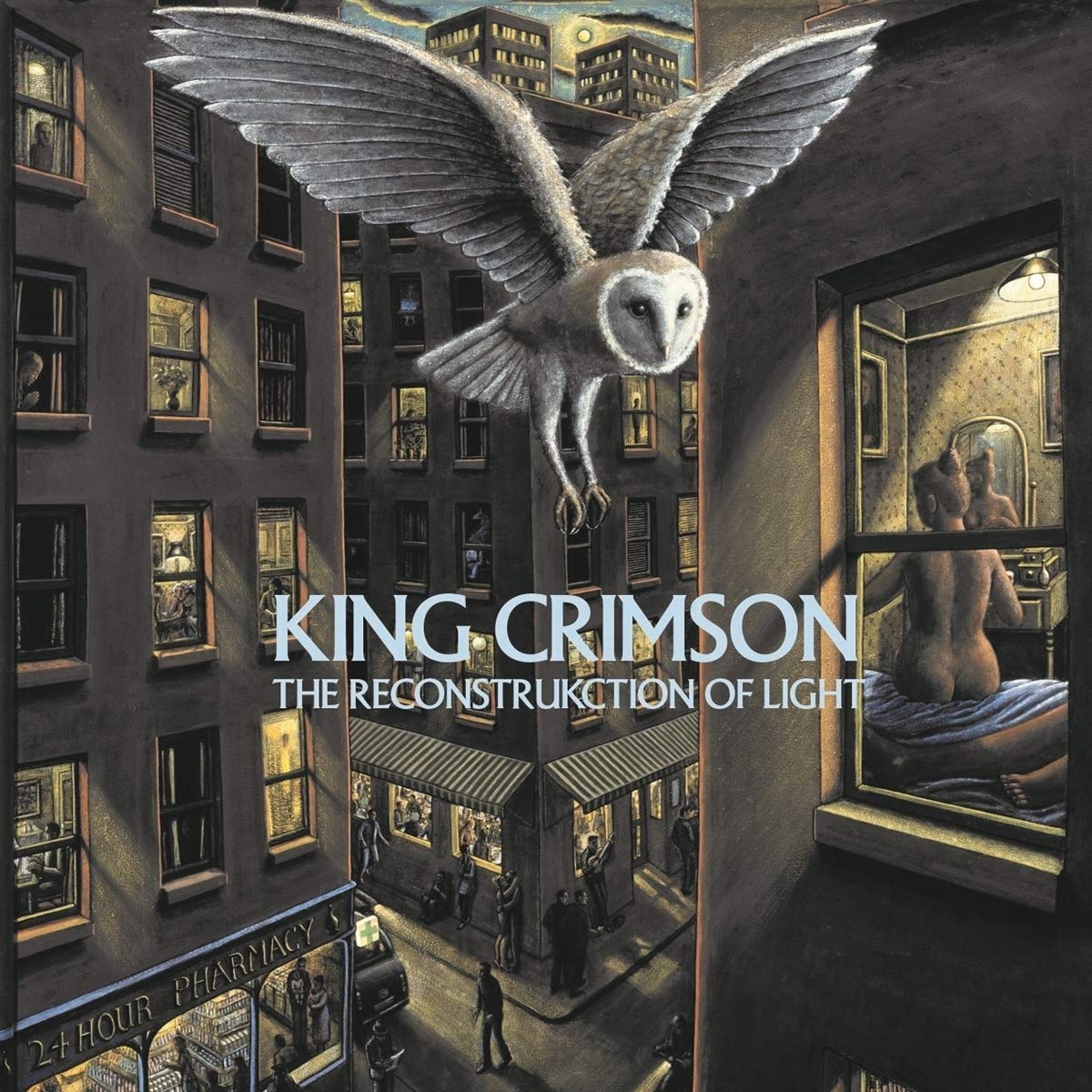 "Album cover art featuring an owl flying over a city scene with lit windows."