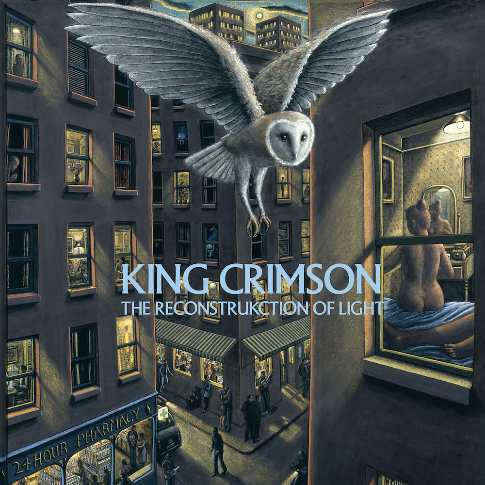 A white owl flies between city buildings with people in windows and on streets.