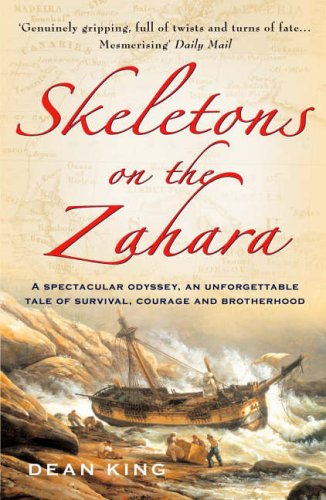 Book cover with shipwreck scene and title Skeletons on the Zahara in red script.
