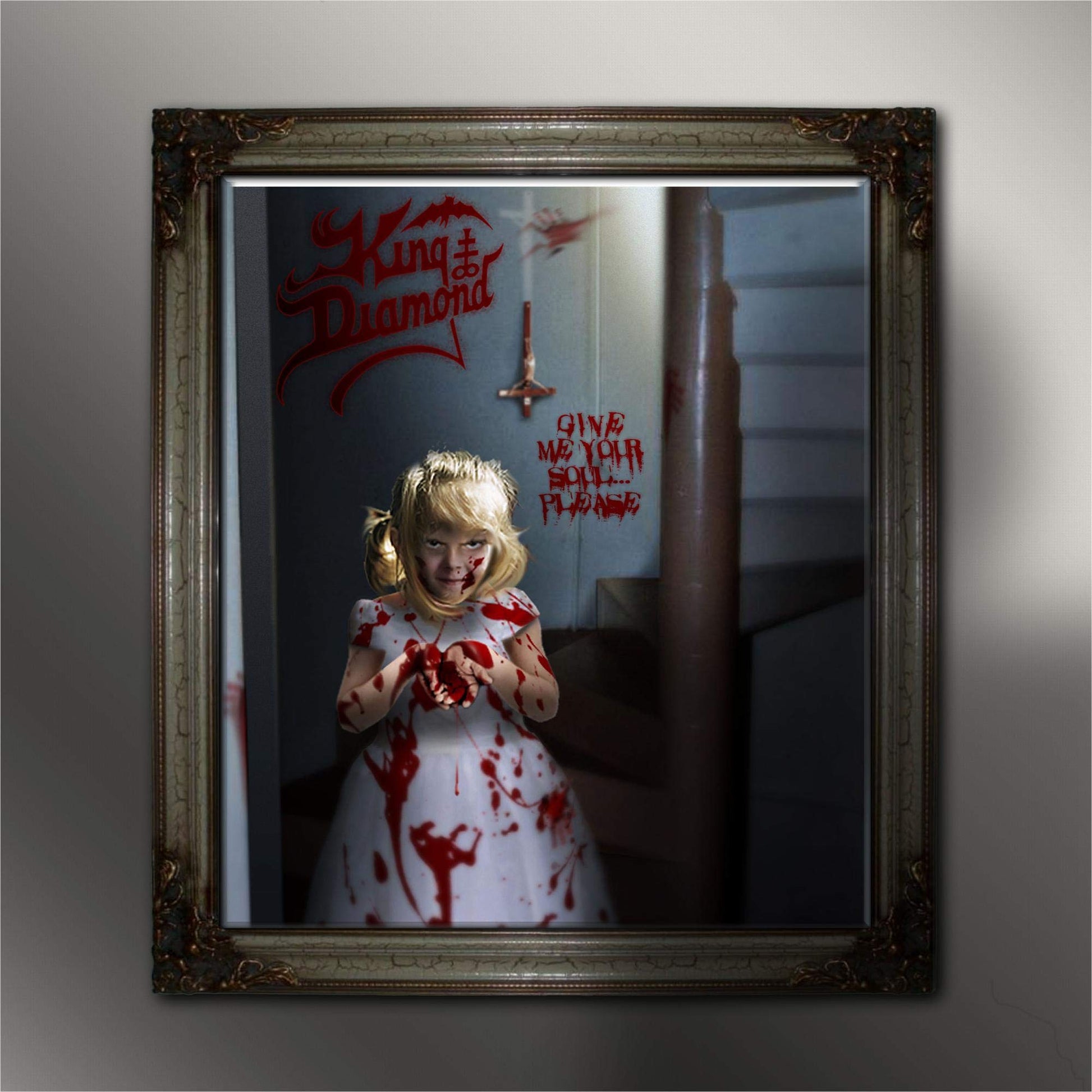 A framed image of a blood-stained girl holding a heart in a dark hallway.