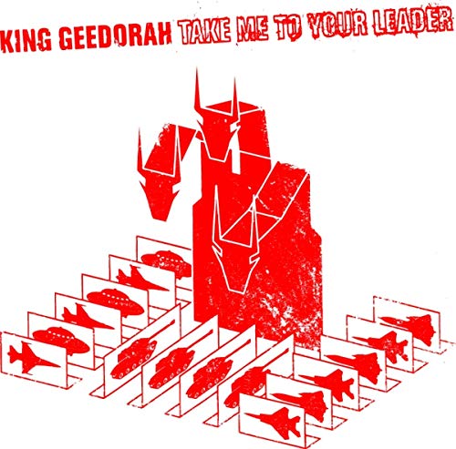 Red graphic of King Geedorah and spaceships on a white background.