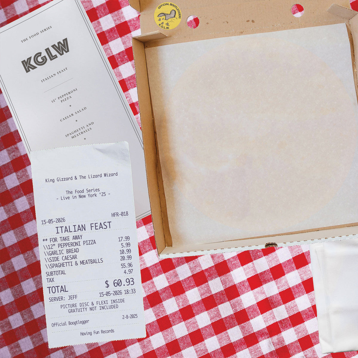 A pizza box containing a vinyl record, a menu, and a receipt on checkered cloth.