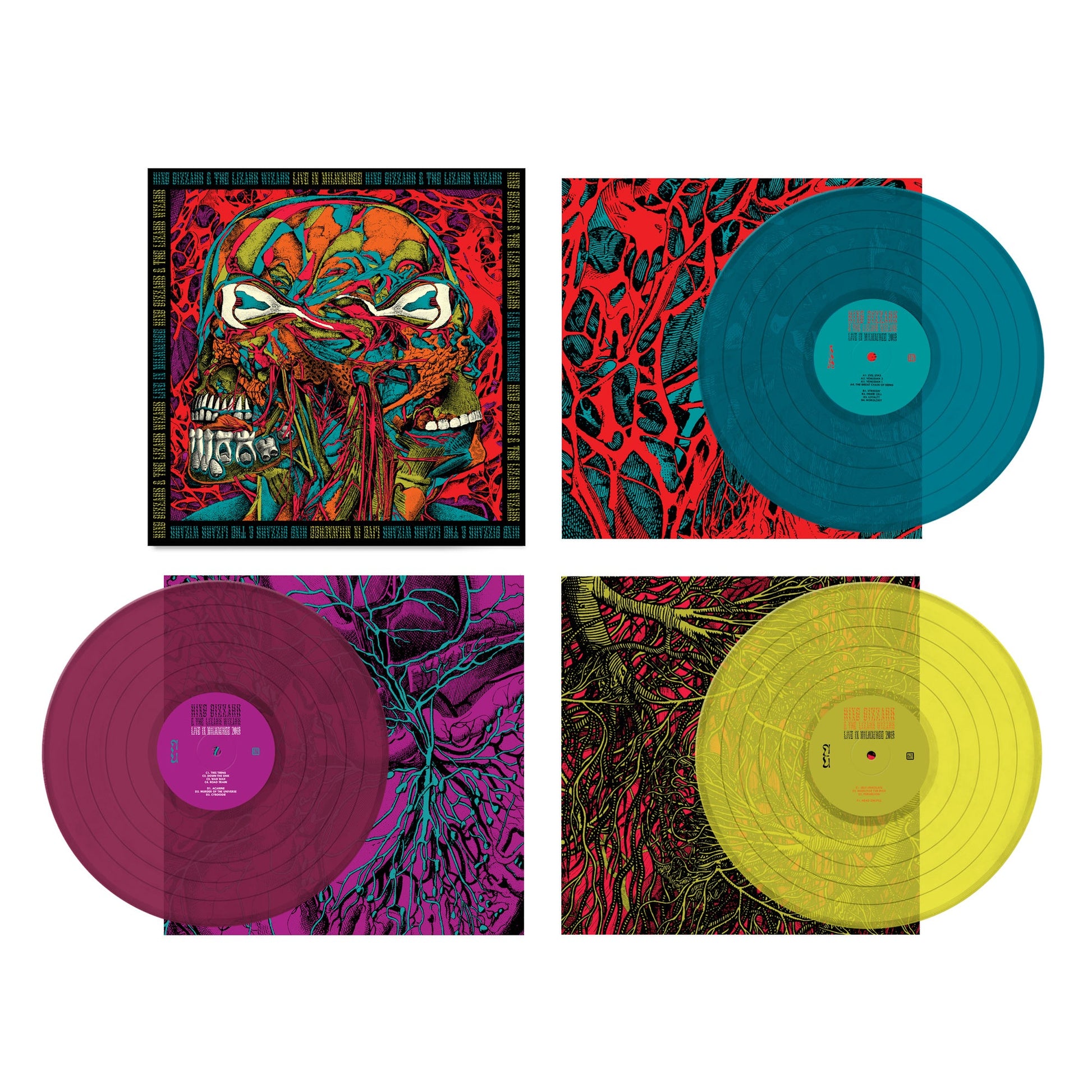 King Gizzard vinyl record set with colorful discs and skull artwork.