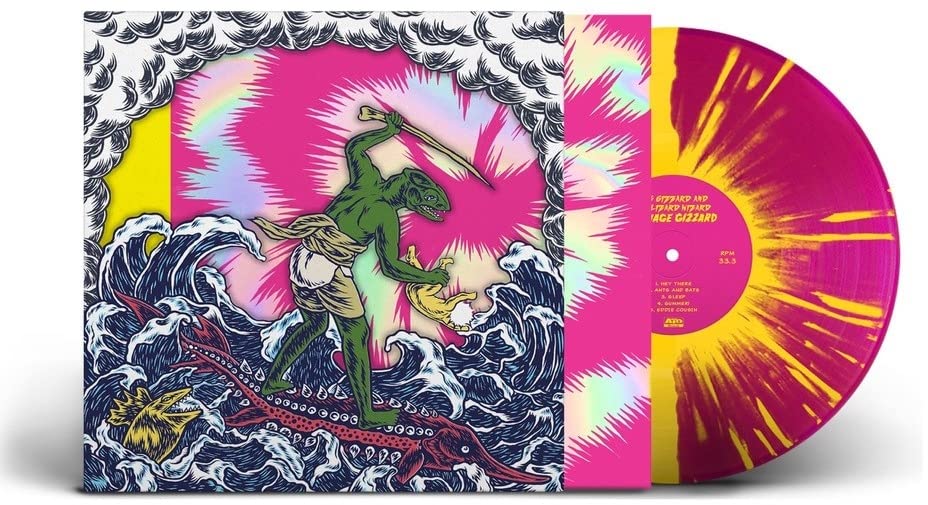 Vinyl record cover: lizard warrior in waves, pink and yellow swirl.
