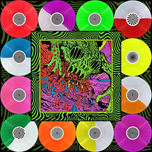Colorful vinyl records surrounding a psychedelic album cover illustration.