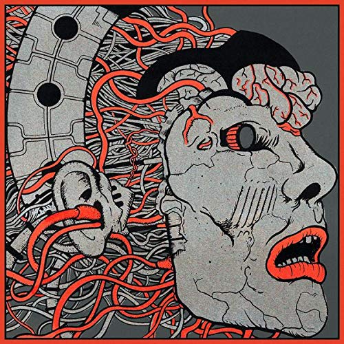 Album cover: stylized gray and red brain and face with open mouths.