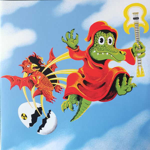 Cartoon lizard wizard flies with a dragon over a cracked egg.