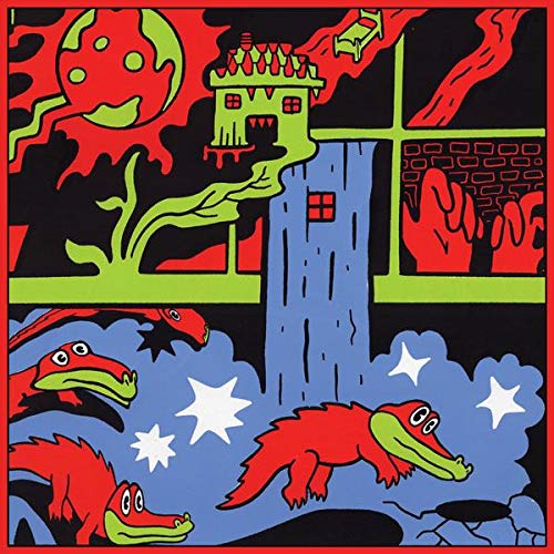 Vibrant illustration of crocodiles, house, and abstract shapes in red, green, blue, and white.