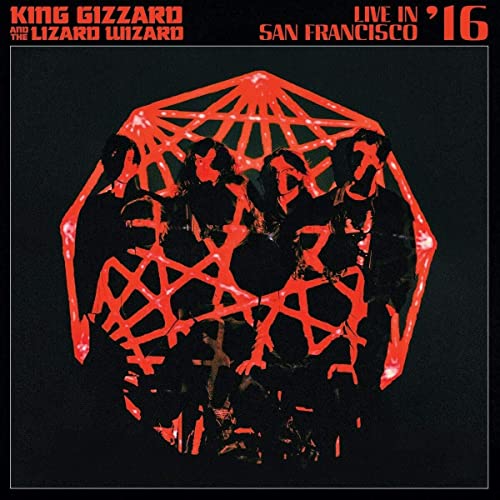 King Gizzard album cover: band silhouetted within a red geometric shape.