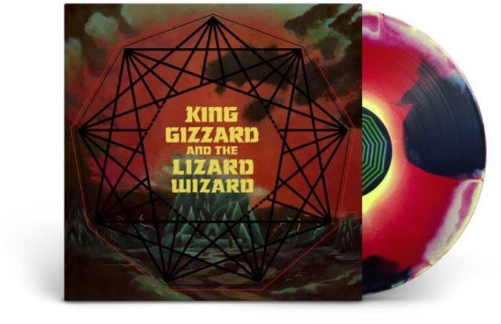 King Gizzard album cover with geometric design and colorful vinyl record.