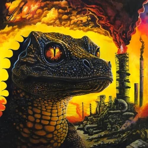 Lizard head with fiery, industrial landscape and smoky sky.