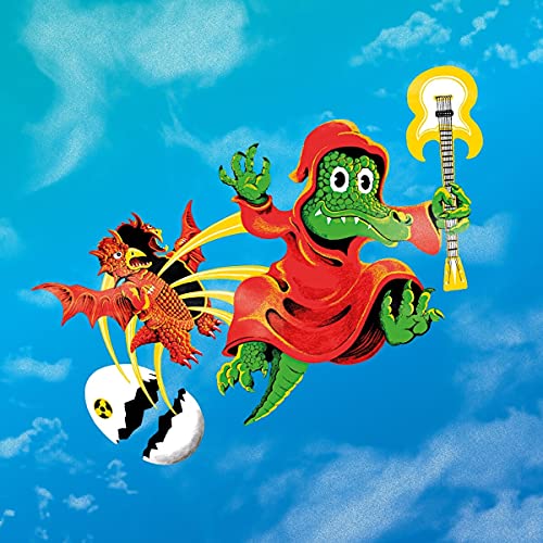 A green lizard in a red robe holds a guitar, flying past a hatched egg.