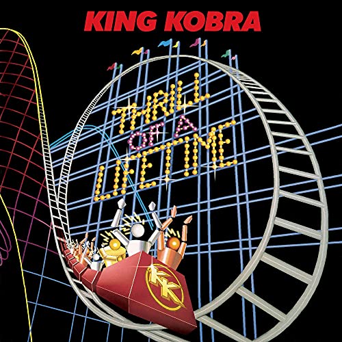 King Kobra album cover: a neon-lit rollercoaster scene in blue and red.