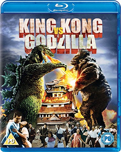 Godzilla and King Kong fight in front of a burning building with people fleeing below.