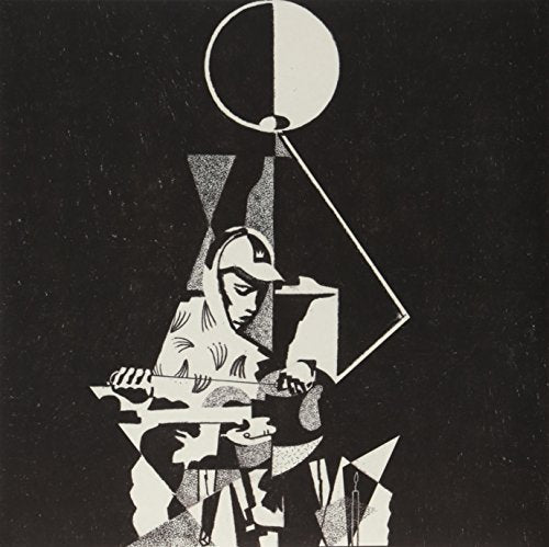 Black and white vinyl album cover with abstract illustrations and a central figure.