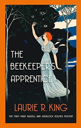 Book cover: woman in blue dress under trees, title "The Beekeeper's Apprentice".