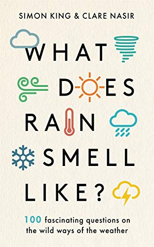 Book cover with title “What Does Rain Smell Like?” and weather icons.