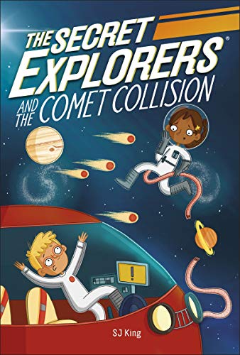Book cover: astronaut child, planet, and vehicle with surprised boy.
