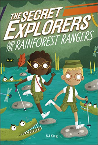 Book cover featuring two children in explorer gear jumping over water with crocodiles.