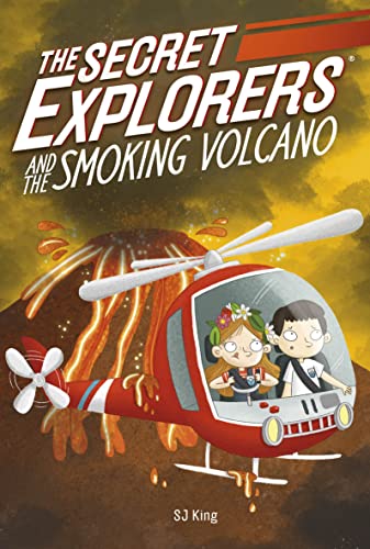 Two children fly a red helicopter past an erupting volcano on a book cover.