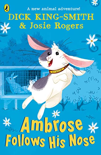A happy white and grey rabbit wearing a collar jumps in front of a hutch.