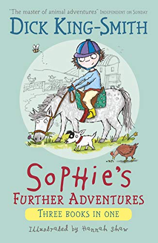 Girl riding a grey pony with a dog and hen nearby.