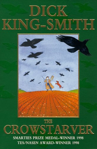 Book cover: green background, crows flying over fields, figure with dog.