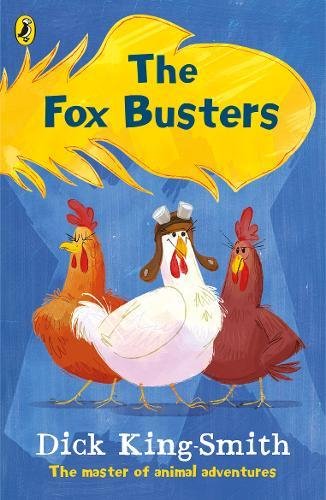 "The Fox Busters" book cover featuring three cartoon chickens standing together against a blue background.