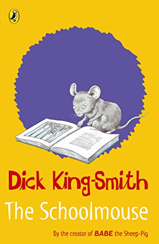 A grey mouse reads an open book with red text: "The Schoolmouse".