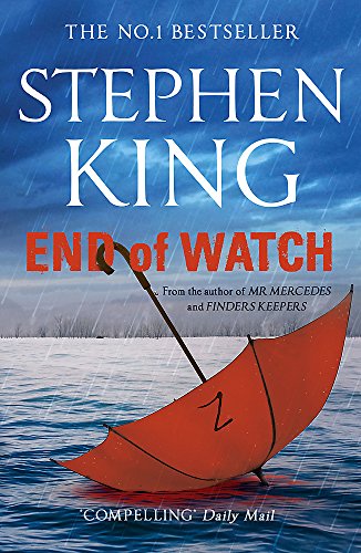 Book cover: "End of Watch" by Stephen King, featuring a red umbrella.