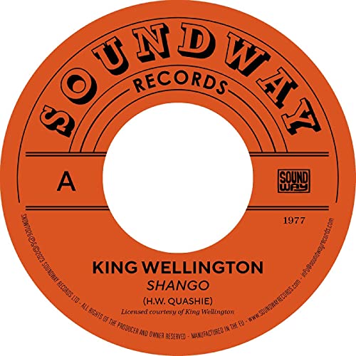 Orange vinyl record label with "King Wellington - Shango" text and Soundway logo.
