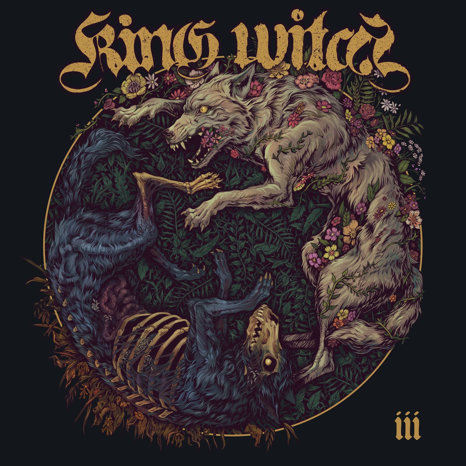 Album cover for King Witch’s “Iii” featuring wolves and skeletal remains.