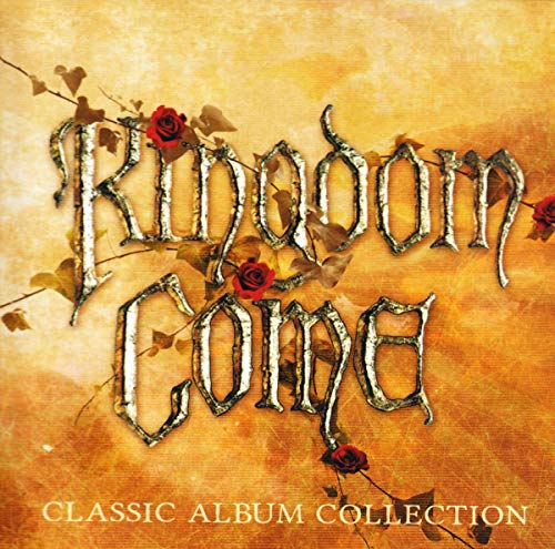 Kingdom Come text in metallic font over a textured orange background with red roses.