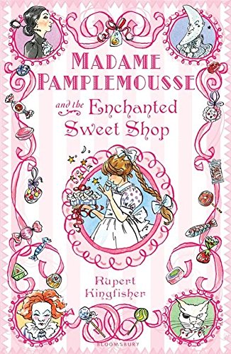Book cover with pink stripes, whimsical illustrations of characters, and various colorful candies.