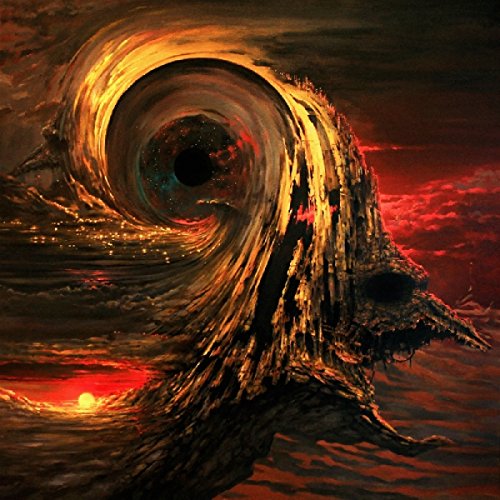 Swirling, dark abstract art with a central black void and red sunset.