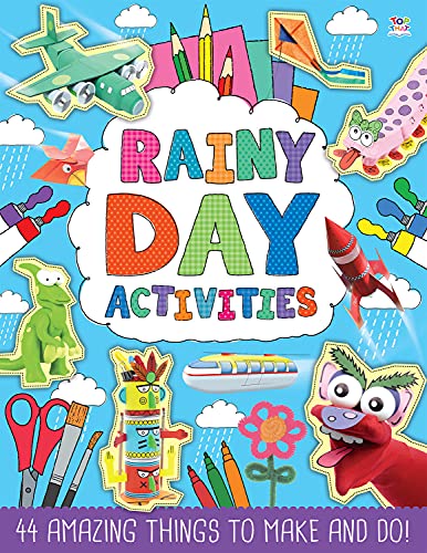 Colorful activity book cover with paper crafts, toys, and the text "Rainy Day Activities".