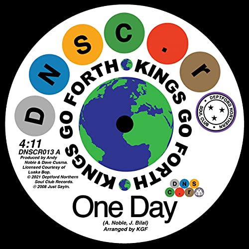 Vinyl record label with a world map illustration and colorful letters.