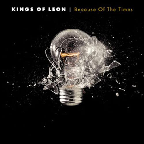 A lightbulb shattering against a black background with Kings of Leon album text above.