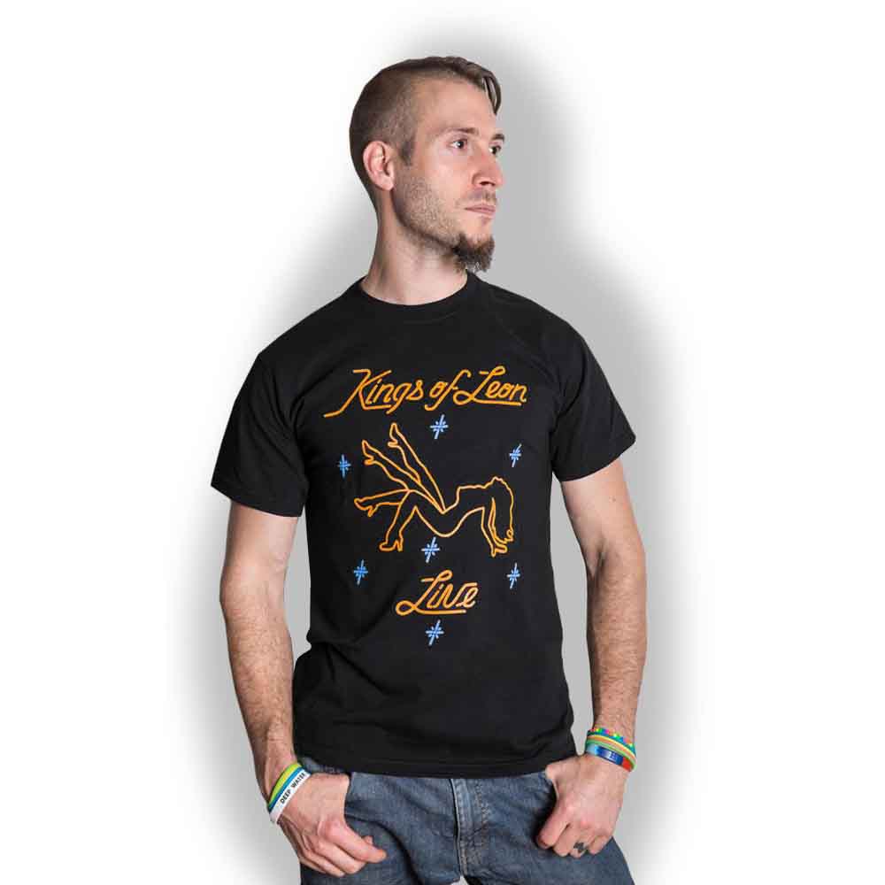 Black Kings of Leon t-shirt with orange and blue graphic design.