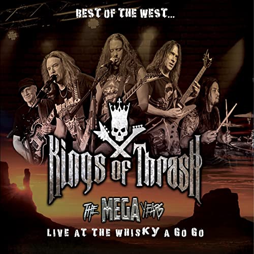 Four metal musicians performing live, album cover for Kings Of Thrash.