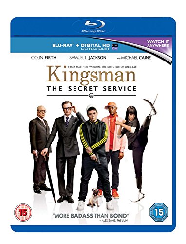 Kingsman: The Secret Service" Blu-ray cover with cast group photo.