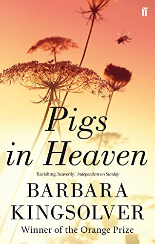 Book cover of Pigs in Heaven by Barbara Kingsolver featuring wildflowers against a sunset.