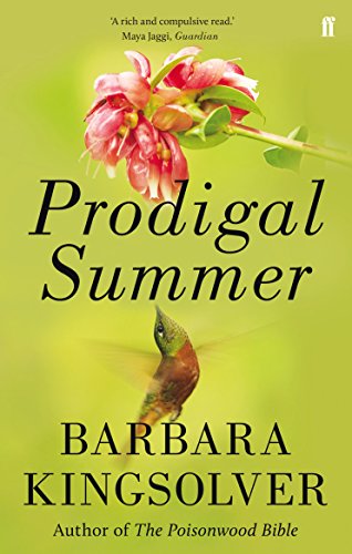 Book cover for Prodigal Summer featuring a hummingbird, pink flowers, and text on green.