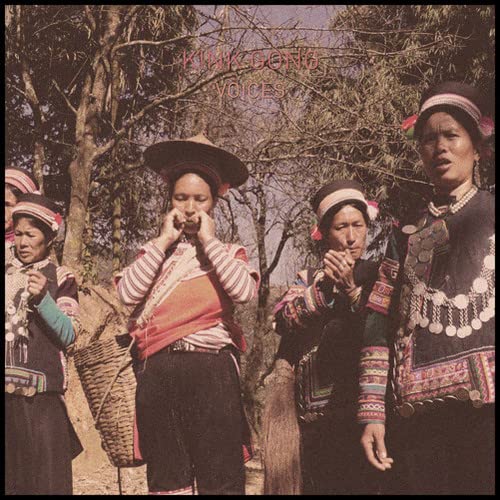 Four women in traditional embroidered clothing and hats stand in a wooded area.