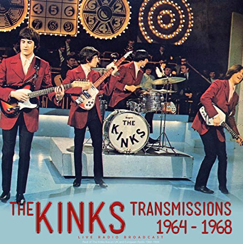 The Kinks band in red suits with drum featuring band logo and title.