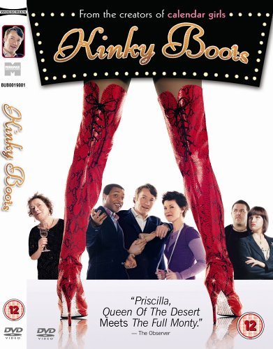 Kinky Boots" DVD cover featuring red stockings and film cast members.