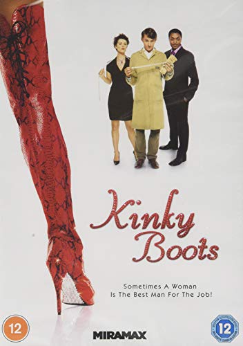 Kinky Boots" DVD cover featuring characters and a red, patterned boot.